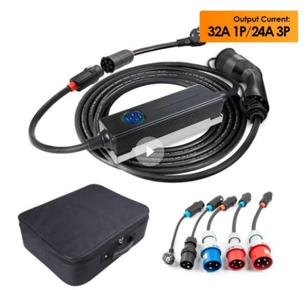 BE-PCD050/ Mobiles 32A 3-Phasen AC E-Auto Ladegerät mit 6-fach Adapter Steckersortiment, Typ2 Ladestecker, IP66,Touch- Display, Ladestrom 6A-32A, RCD TypA+ 6mA, Timer, im Koffer